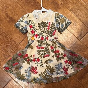 Ivy City Embroidered Floral Tulle Kids Dress - Cream with Red & Blue Flowers